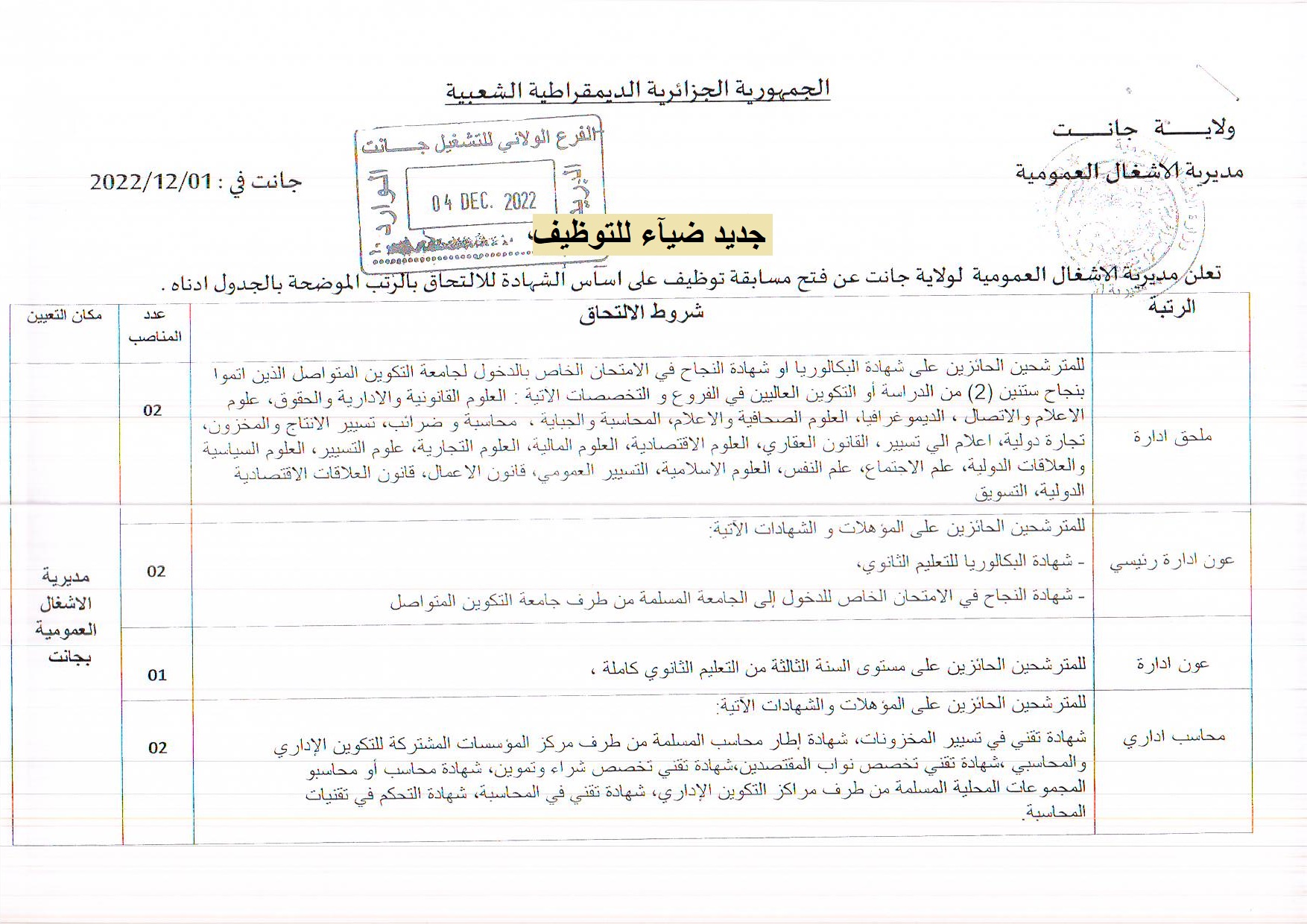 اعلان توظيف بولاية جانت اعلان عن توظيف بمديرية الاشغال العمومية لولاية جانت