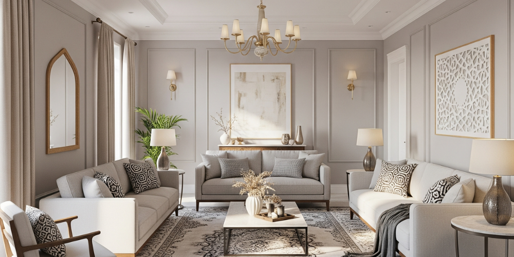 غرفة معيشة داخلية أنيقة بديكورات عربية حديثة ودهانات جدران بألوان بيج ورمادي فاتح في الخرج